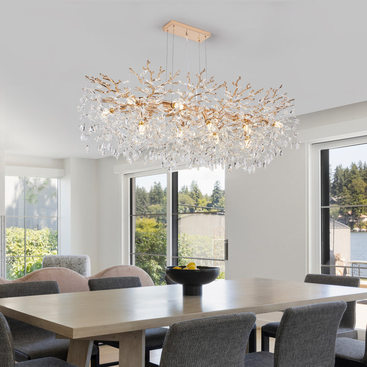 Modern Rectangular Chandelier, 49.2' Gold Crystal Tree Branch Chandelier 14 Lights Luxury Raindrop Light for Dining Room, Kitchen Island, Living Room