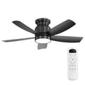 Modern 42 Inch Flush Mount Ceiling Fan with 18W LED Light and Remote Control in Black Blades/Black Body, ABS & Metal Construction