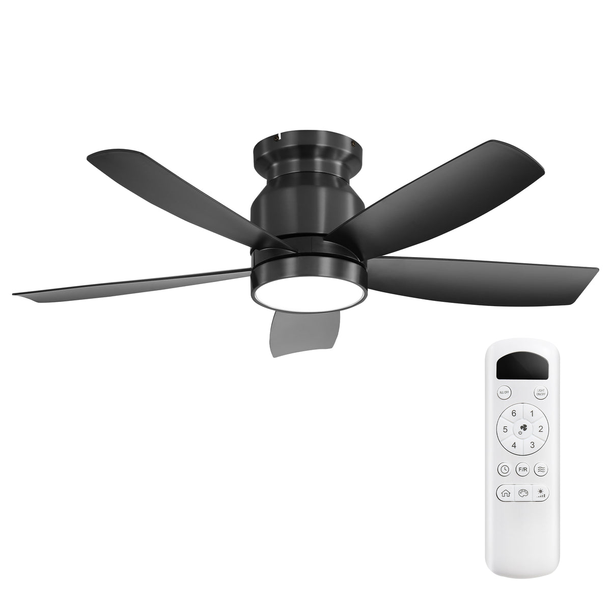 Modern 42 Inch Flush Mount Ceiling Fan with 18W LED Light and Remote Control in Black Blades/Black Body, ABS & Metal Construction