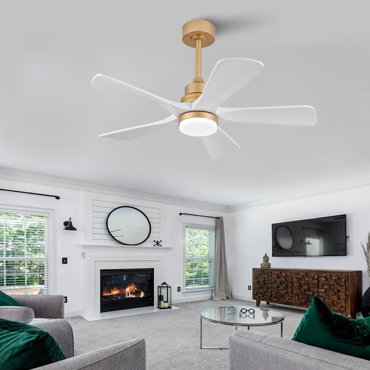 42 Inch Indoor Ceiling Fan With Dimmable LED Light 5 Solid Wood Blades Remote Control Reversible DC Motor