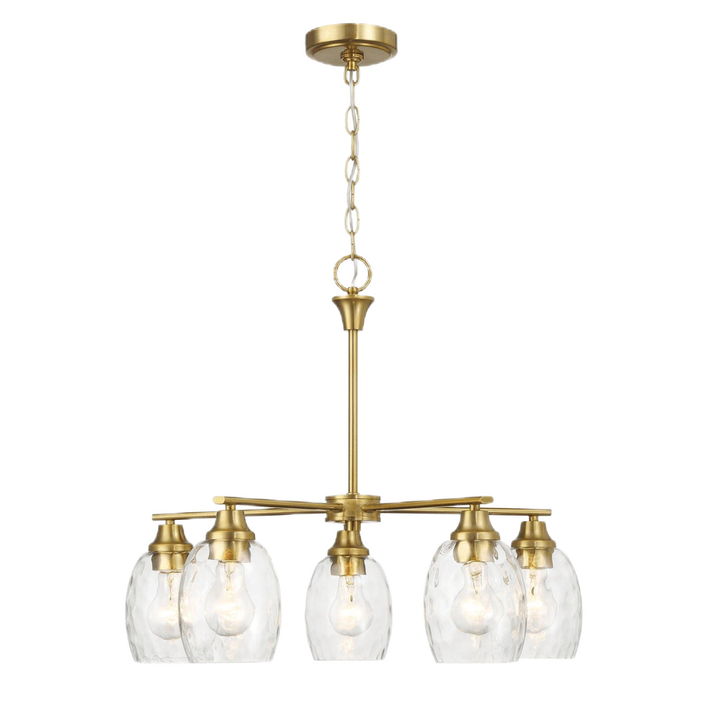 Elegance Five Lights Linear Arms Chandelier with Golden Brass Finish and Clear Water Glass 24'W x 8.5'H