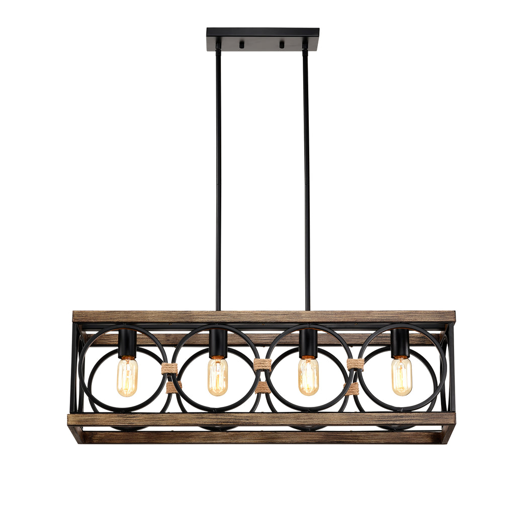 4-Light (Bulb NO Included)Farmhouse Rectangle Pendant Light,31.6' Nature Wood Texture Vintage Rustic Chandeliers Black Metal Industrial Hanging Light Fixtures for Kitchen, Entryway, Dining Room