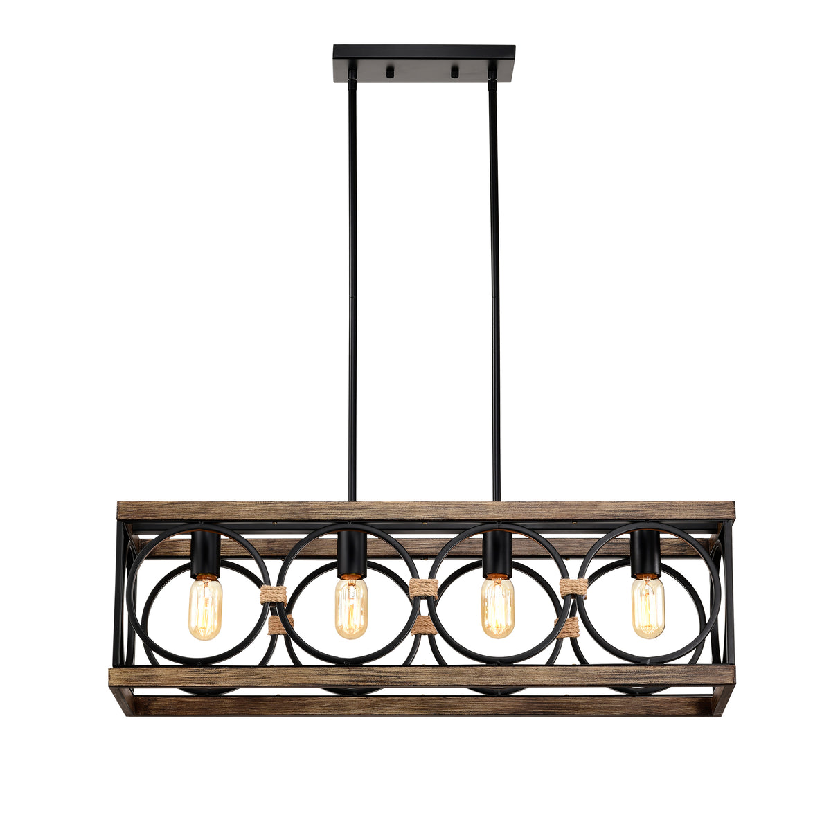 4-Light (Bulb NO Included)Farmhouse Rectangle Pendant Light,31.6' Nature Wood Texture Vintage Rustic Chandeliers Black Metal Industrial Hanging Light Fixtures for Kitchen, Entryway, Dining Room