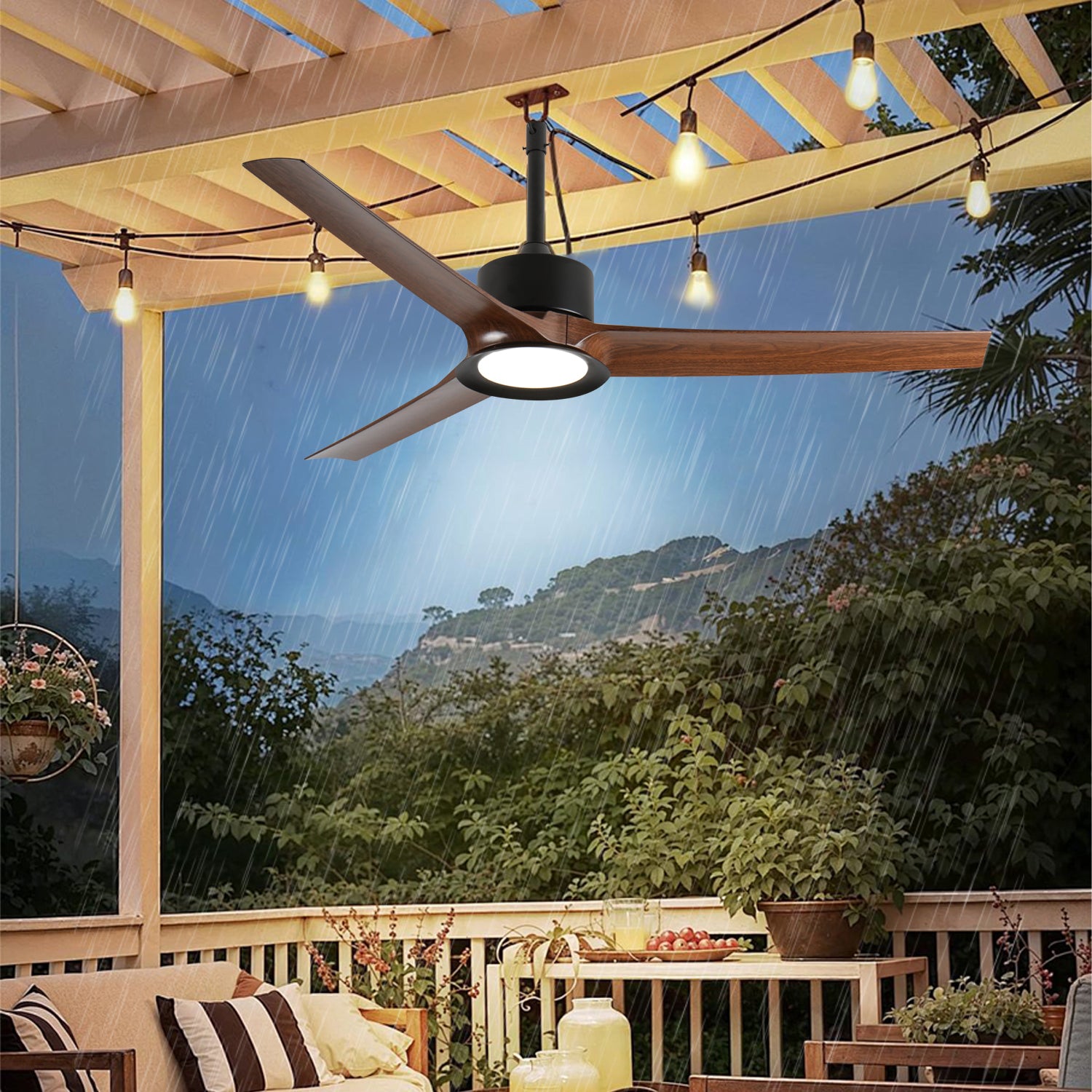 Outdoor Ceiling Fan with Light: 52 Inch Black Waterproof Gazebo Fans with Lights Outdoor Hanging  6 Speed Reversible DC Motor