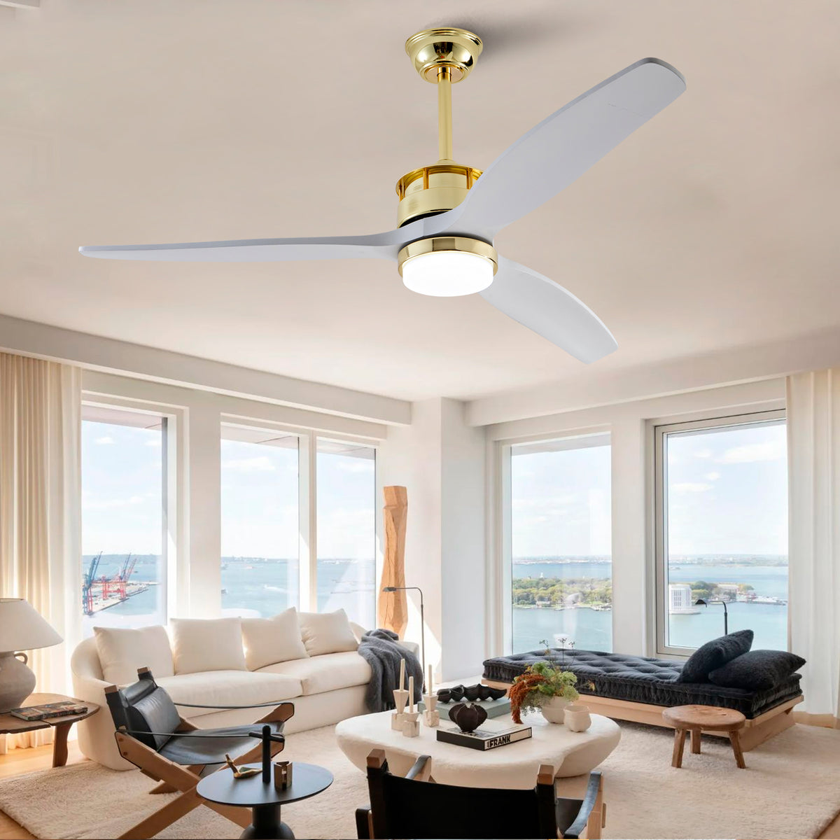 52 Inch White and Gold Ceiling Fans with Lights and Remote, 3 Solid Wood Blades, 6 Speeds, Quiet DC Motor, Dimmable LED, Modern Gold Ceiling Fan for Indoor Bedroom,Living Room,Patio