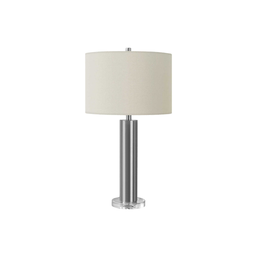 Contemporary Table Lamp with Nickel Metal Cylinder Body and Ivory Linen Drum Shade, 28' H, Silver Finish, Acrylic Base