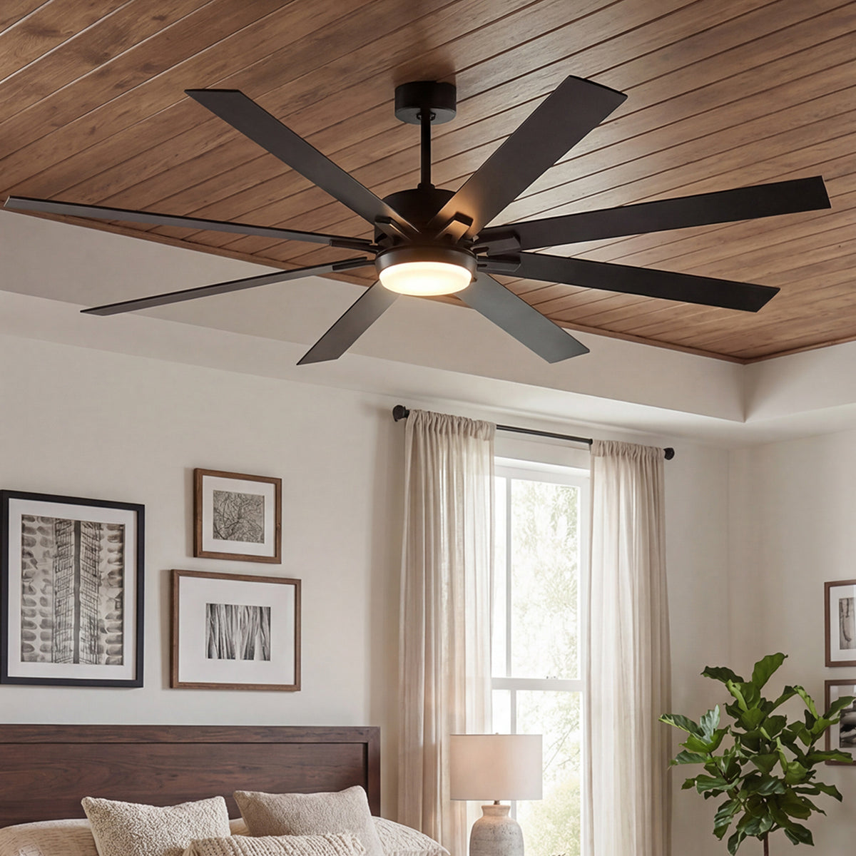 72 lnch lndustrial Smart Celing Fan with Light and Remote Control via WIFI Alexa,Large Celing Fan with 8 Black plywood Blades,6 Speed Noiseless DC Motor,Indoor Outdoor Ceiling Fans for Patio Garage