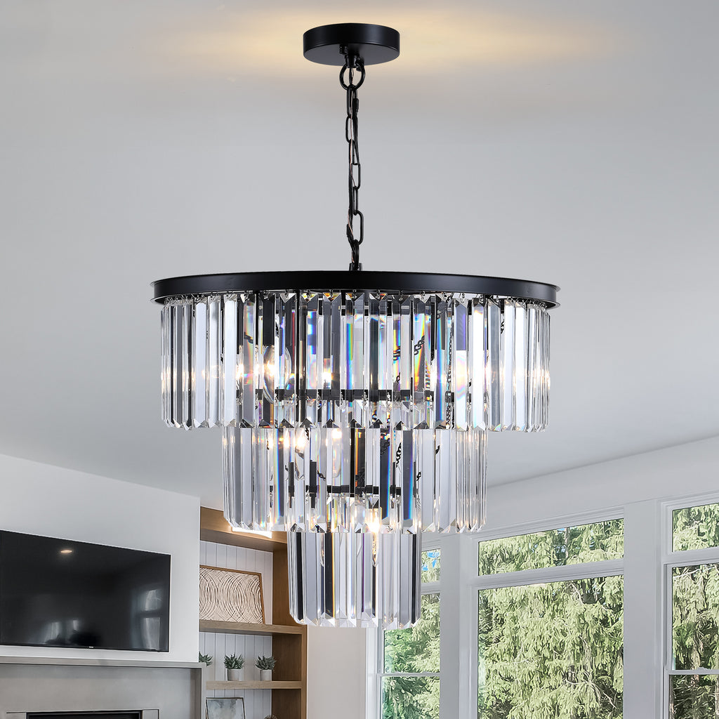 20' Luxury 3-Tier Crystal Chandelier, 7-Light Black Frame Pendant Light, Elegant Ceiling Lighting for Living Room, Dining Room, Bedroom (No Bulbs)