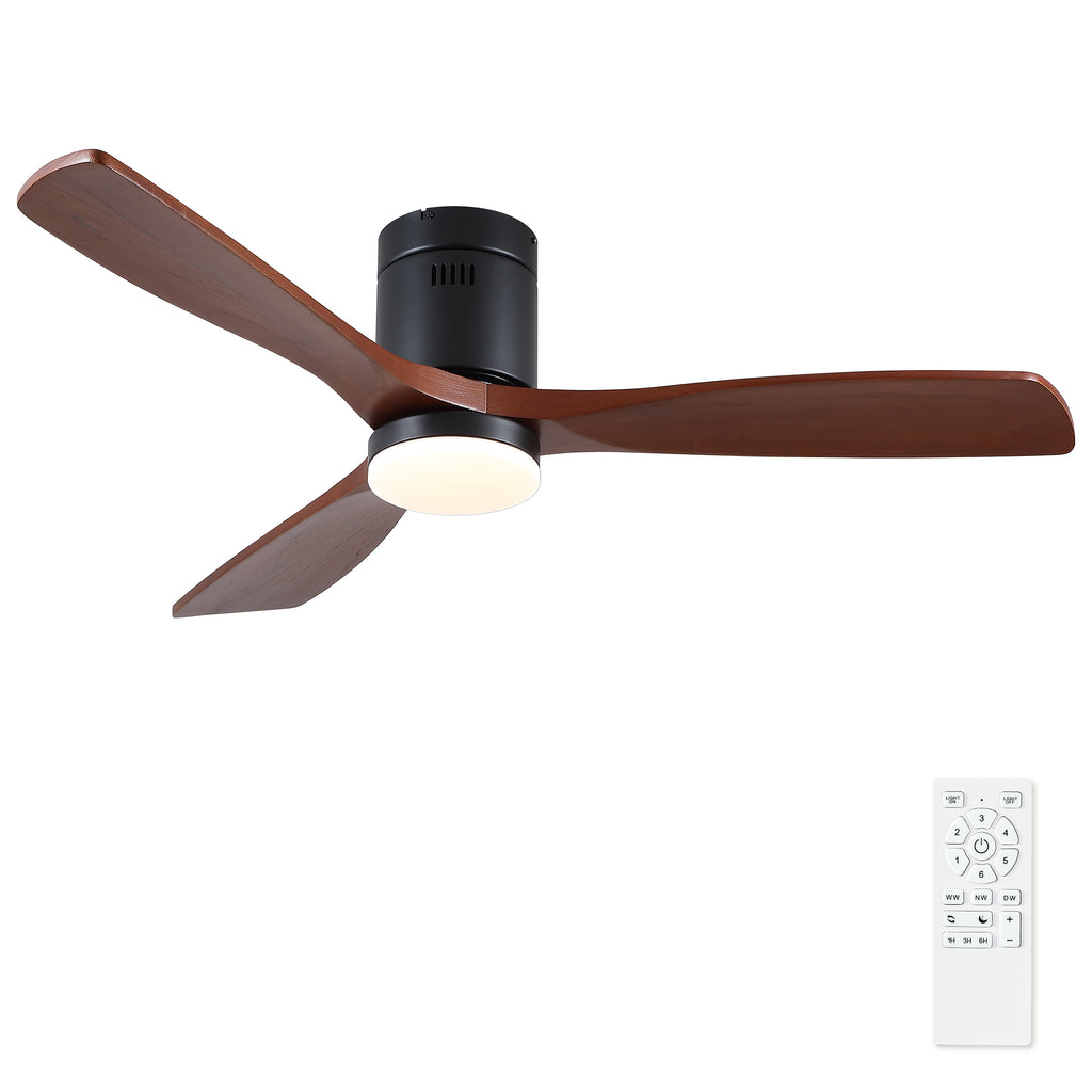 52 inch Low Profile Flush Mount Integrated LED Ceiling Fan with Light and Silent Reversible Motor Modern Matte Black American Farmhouse Retro Solid Wood Blades for Bedroom Living Room