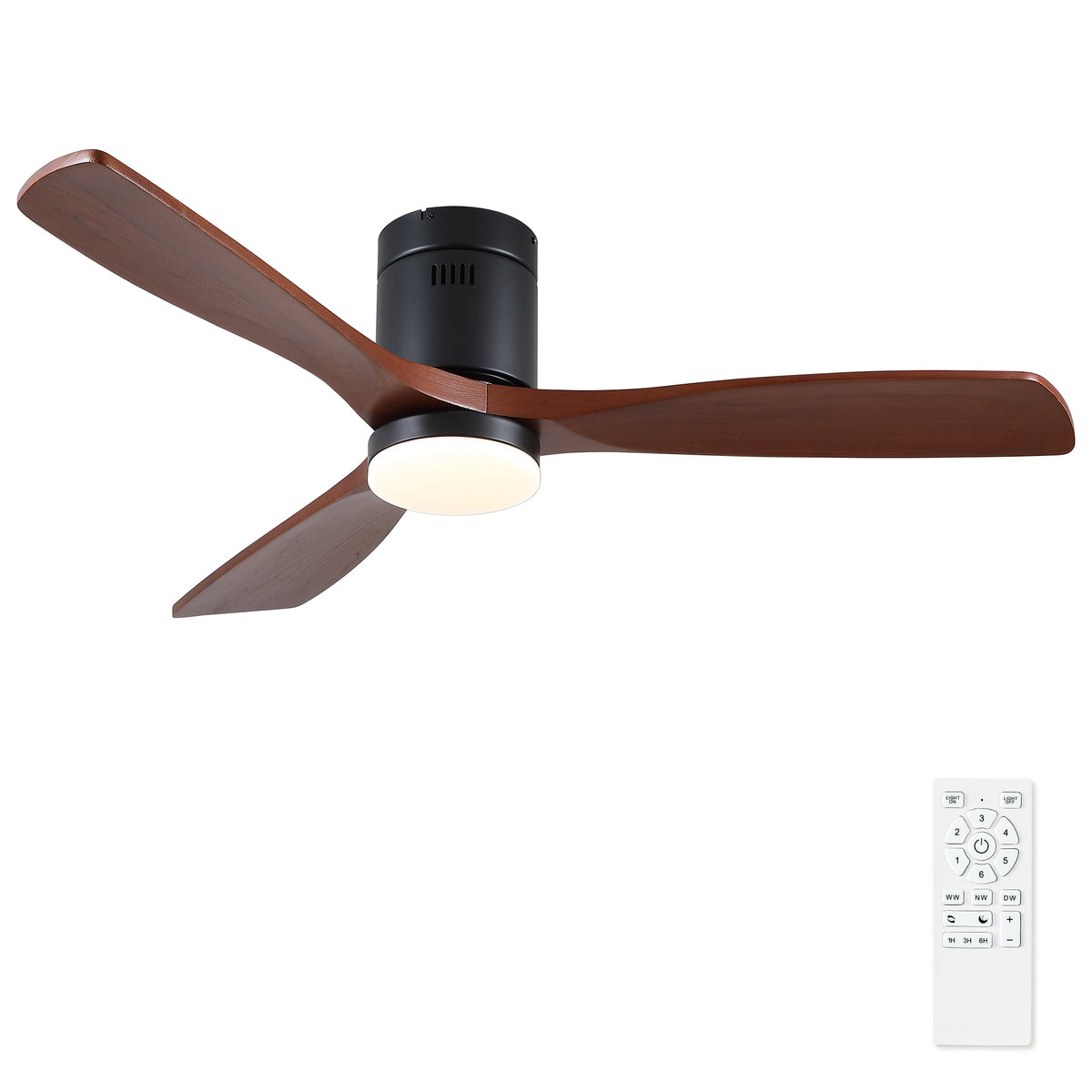 52 inch Low Profile Flush Mount Integrated LED Ceiling Fan with Light and Silent Reversible Motor Modern Matte Black American Farmhouse Retro Solid Wood Blades for Bedroom Living Room