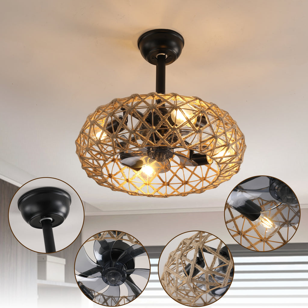 19' Hemp Rope Woven Ceiling Fan with 4 bulbs, Dimmable, 7 Blades, Reversible DC motor.