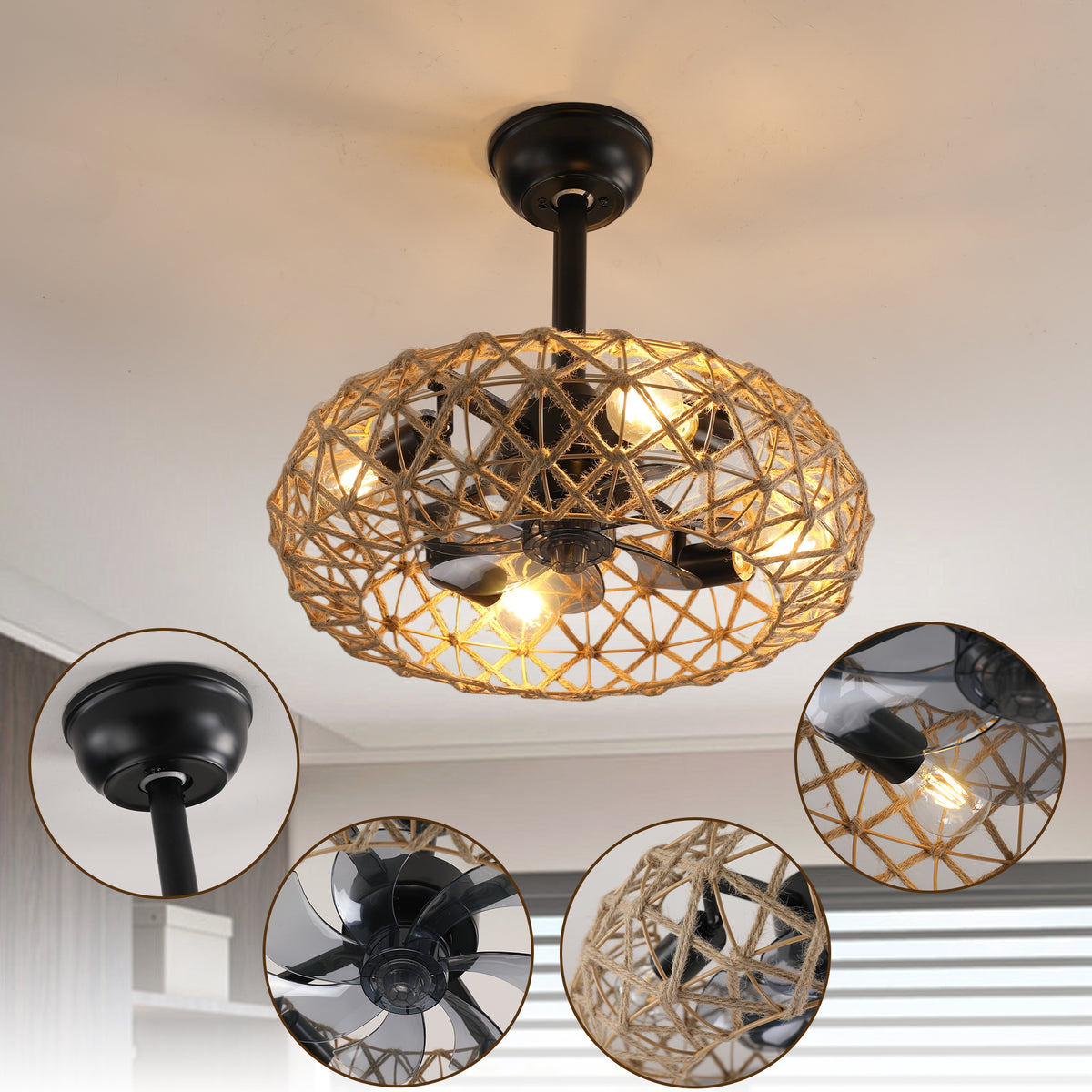 19' Hemp Rope Woven Ceiling Fan with 4 bulbs, Dimmable, 7 Blades, Reversible DC motor.