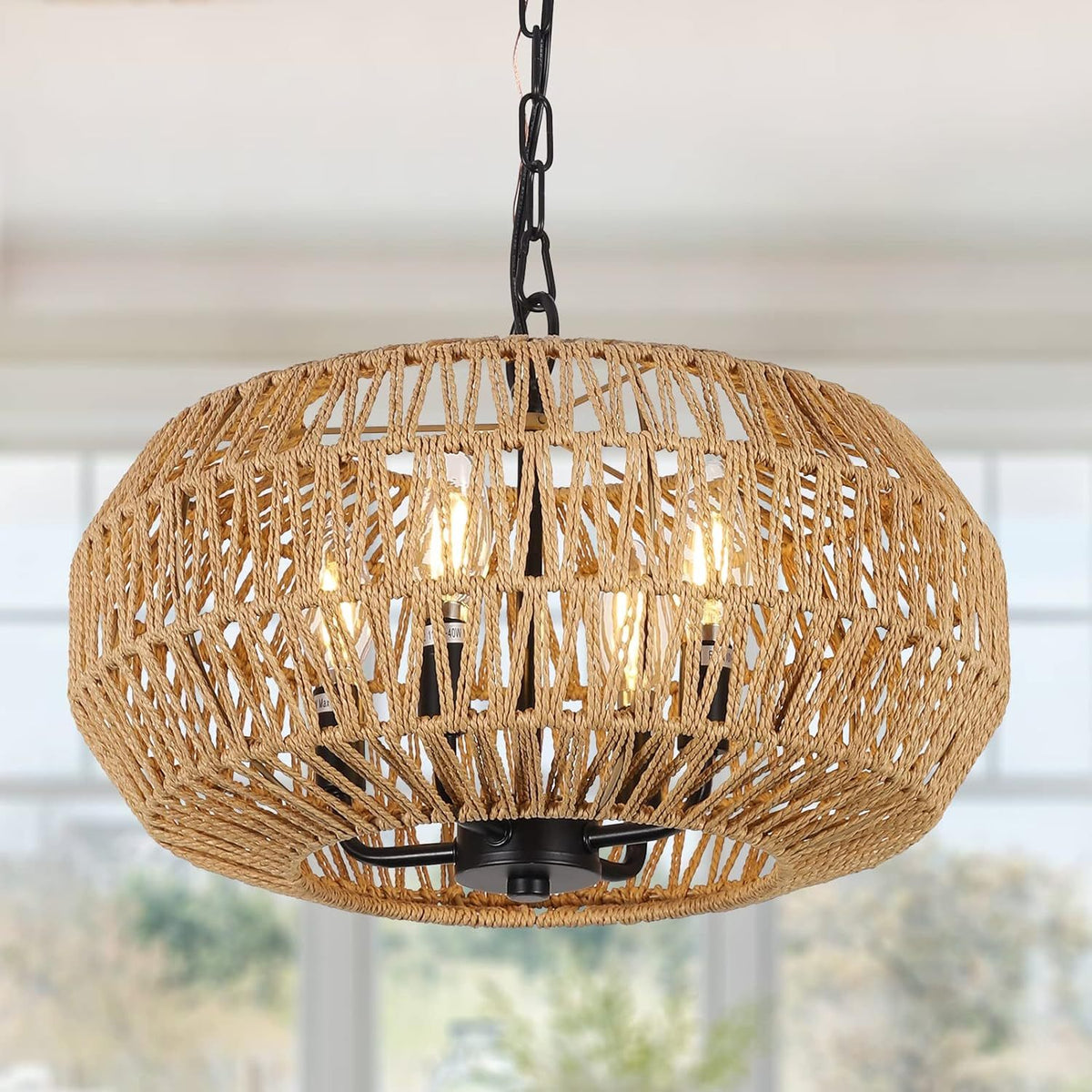 Farmhouse Rattan Pendant Lights, 15.7' 4-Light Boho Chandelier Light Fixture, Wicker Hand Woven Basket Pendant Hanging for Dining Room Living Room Kitchen Island Bedroom Foyer, Height Adjustable