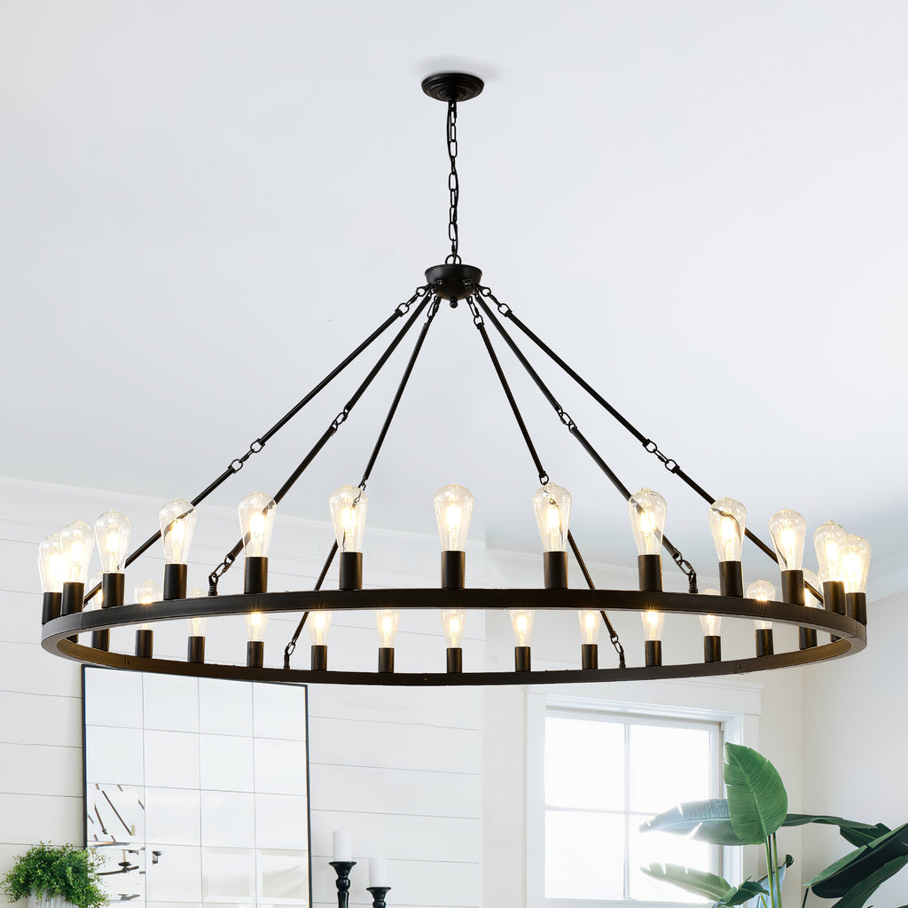 64 Inch Matte Black Wagon Wheel Chandelier With 30-Lights (No Bulbs)-E26