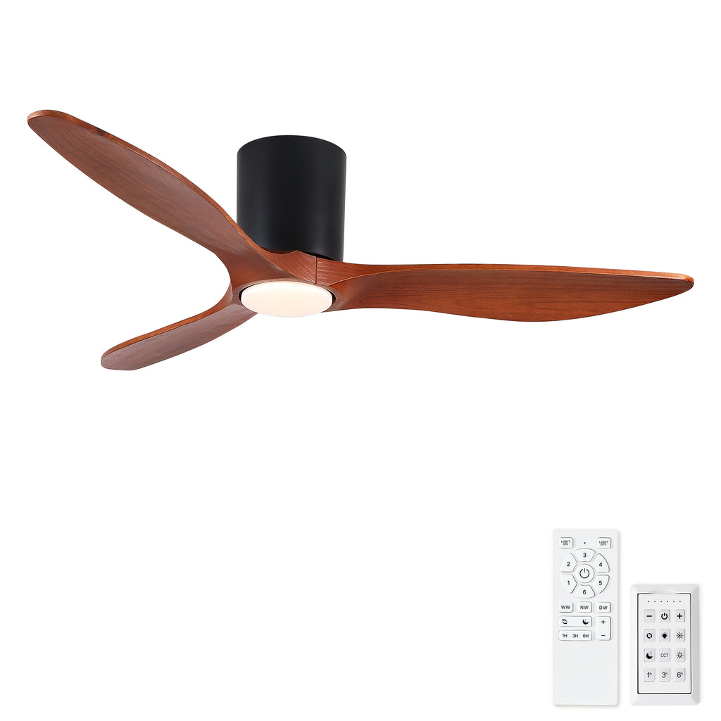 52' Modern Farmhouse Retro Solid Wood Low Profile Flush Mount Ceiling Fan with Light and Reversible Quiet Motor