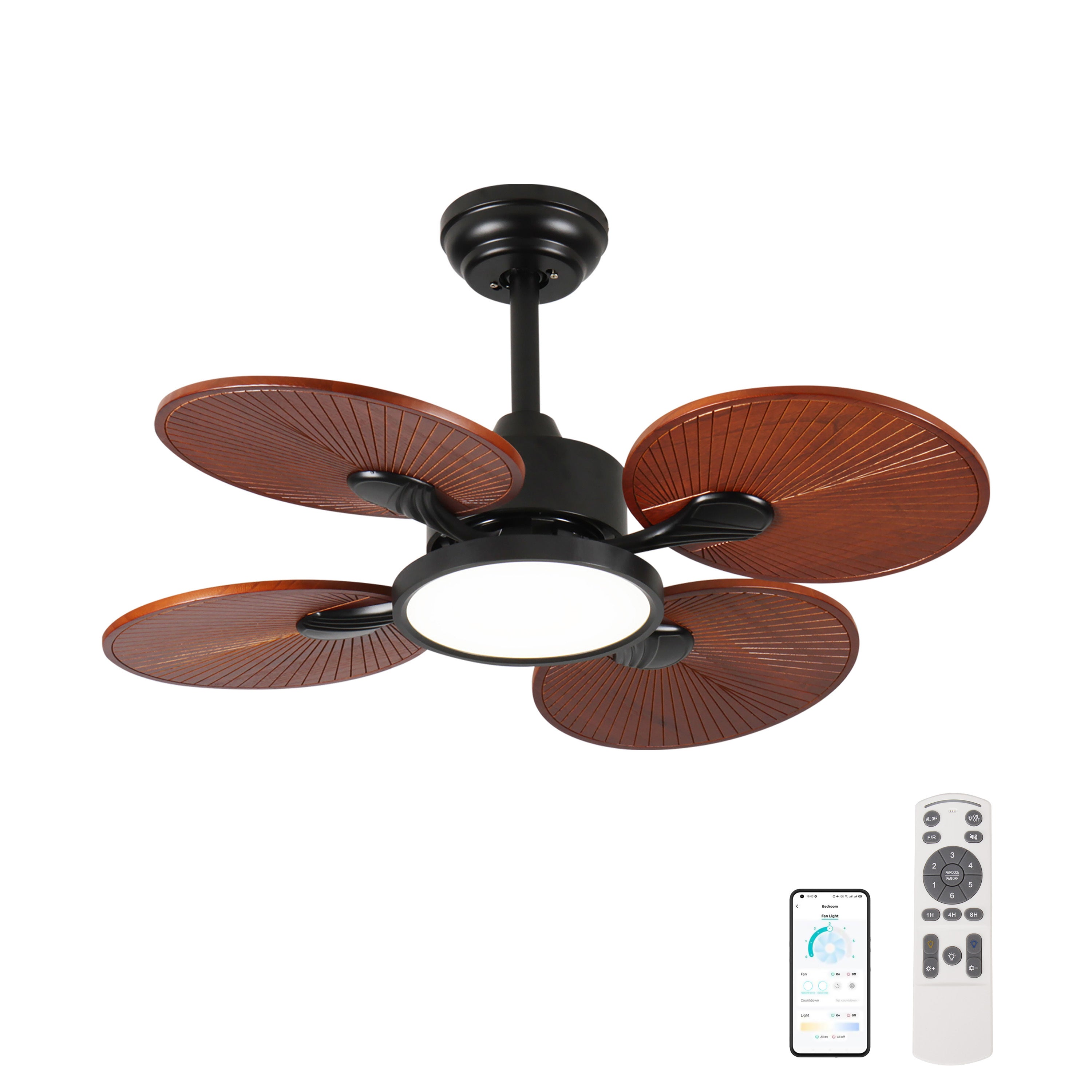 33-Inch Ceiling Fan with Light, 5 Solid Wood Blades, DC Motor, APP & Remote Control, Dimmable Full-Spectrum LED, Reversible Airflow, for 15x15 ft Living Room Bedroom, Works on Sloped Ceilings (<15°)