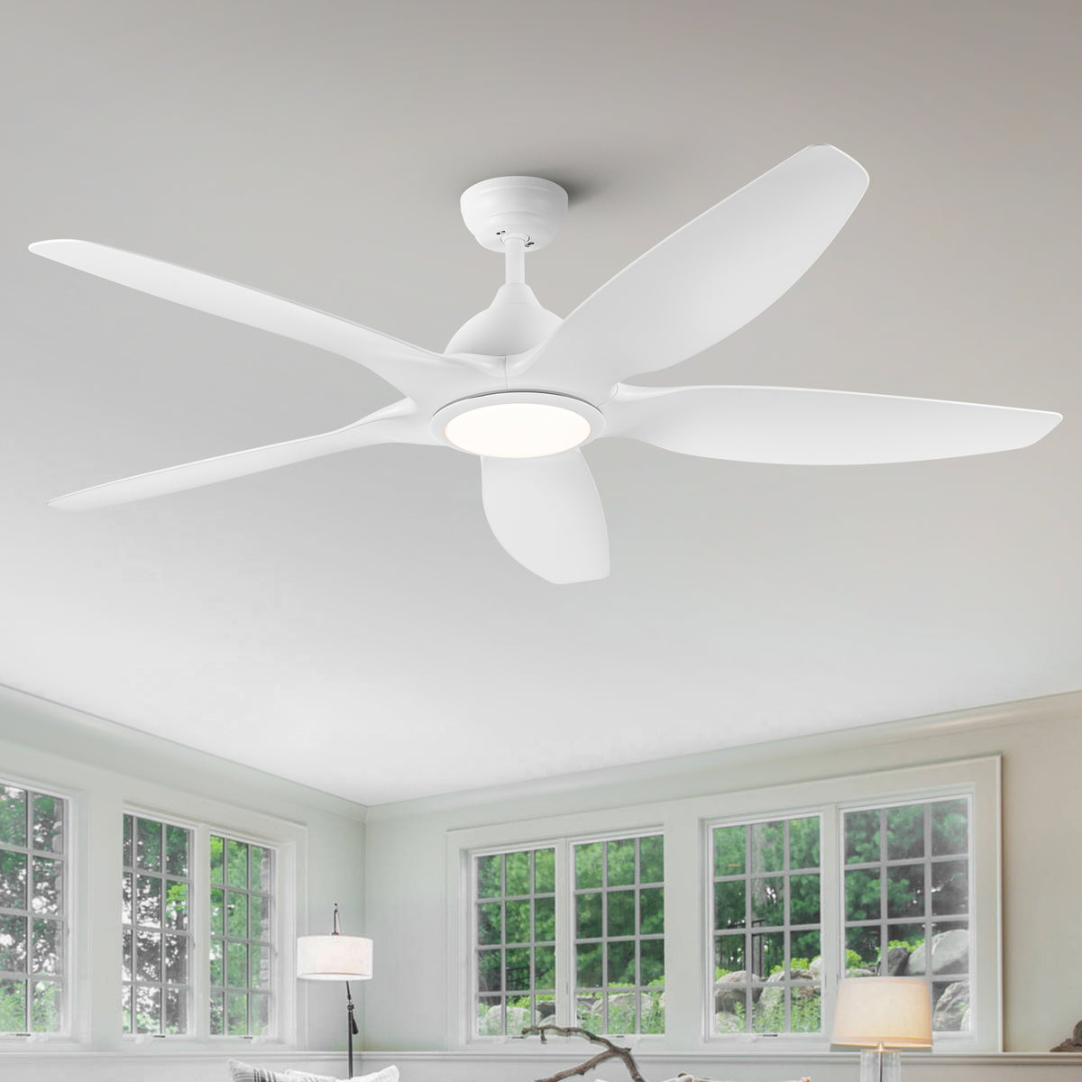 Modern 60 In Integrated LED Ceiling Fan Lighting with White ABS Blade