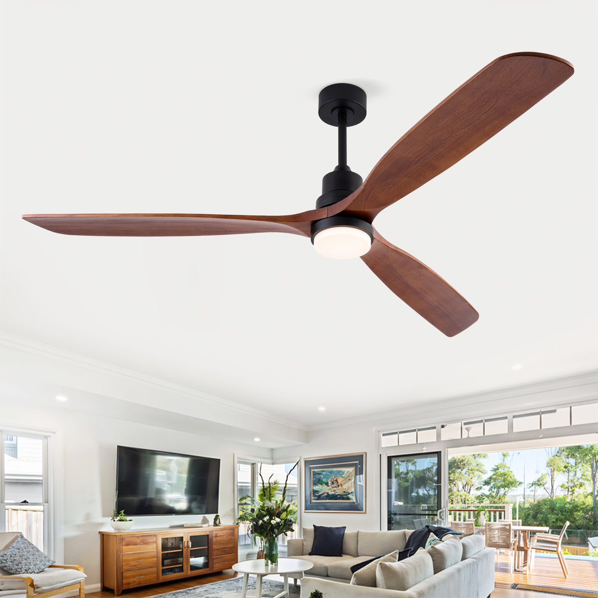 72 Inch Modern Black Ceiling Fan With Light 3 Solid Wood Blades Remote Control Reversible DC Motor With Dimmable LED