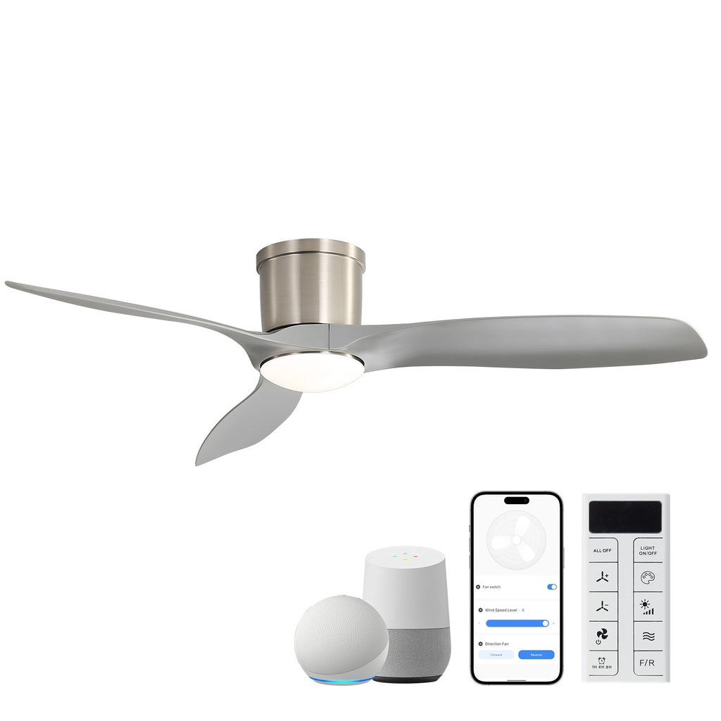 52-Inch Smart Ceiling Fan With Light,Flush Mount Ceiling Fan With Remote Control.3 Grey ABS Blades,18W Dimmable Light