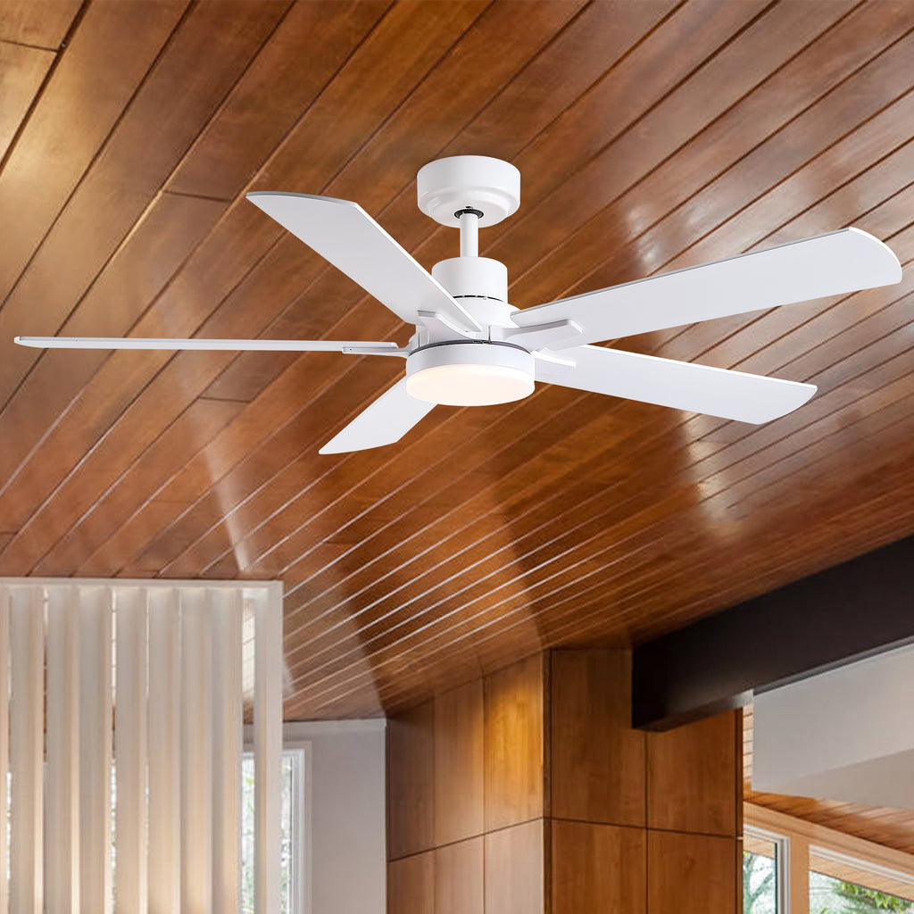 52 inch Modern Matte White Ceiling Fans with LED Light 24W and Remote Control 5 Plywood Fan Blades for Simple style Bedroom Living Room