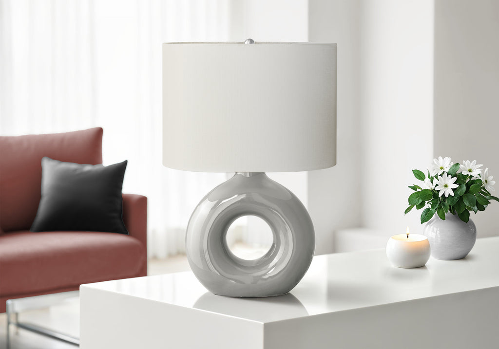 Lighting, 24'h, Table Lamp, Grey Ceramic, Ivory / Cream Shade, Contemporary, Modern