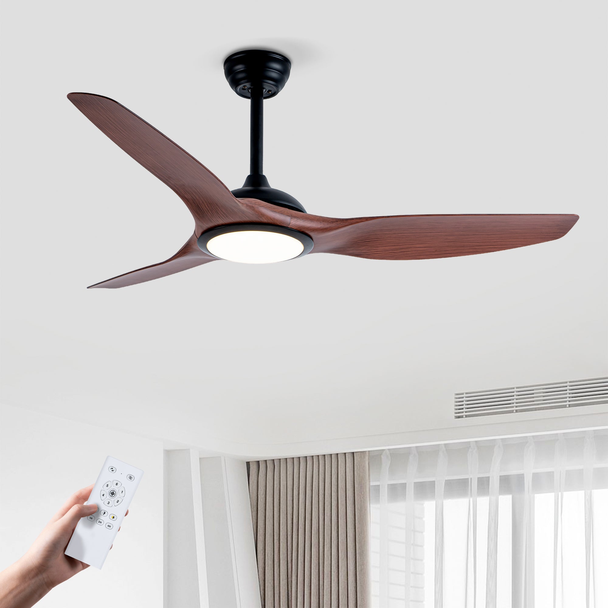 52 Inch  ABS Blades  Ceiling Fan With Light Kit ( LED Light Source),DC 6 Speed ,Remote Control,Adjustable Height Ceiling Fan for Patio Living Room, Bedroom, Office,Indoor.(( Matte Black + Wood)