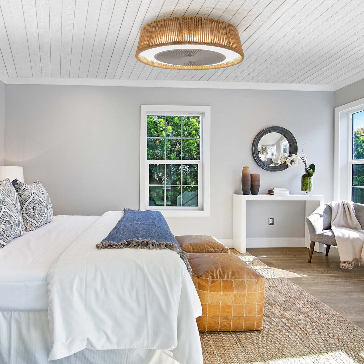 21' Bohemian Braided Ceiling Fan Light, Silent Remote Control with Timing Function, Adjustable Color Temperature, Suitable for Bedroom and Living Room