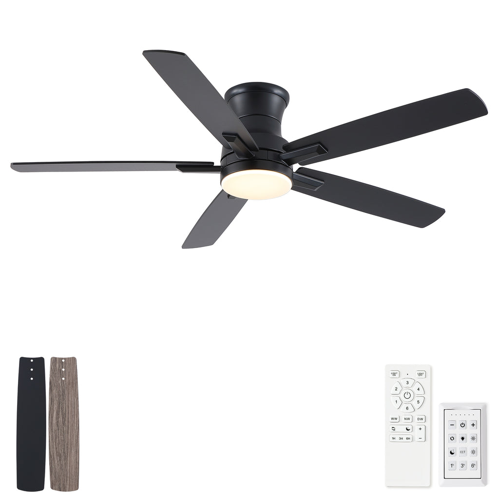 52' Modern Farmhouse Matte Black Flush Mount Low Profile Ceiling Fan with Light and Remote Control Reversible Quiet Motor