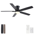 52' Modern Farmhouse Matte Black Flush Mount Low Profile Ceiling Fan with Light and Remote Control Reversible Quiet Motor