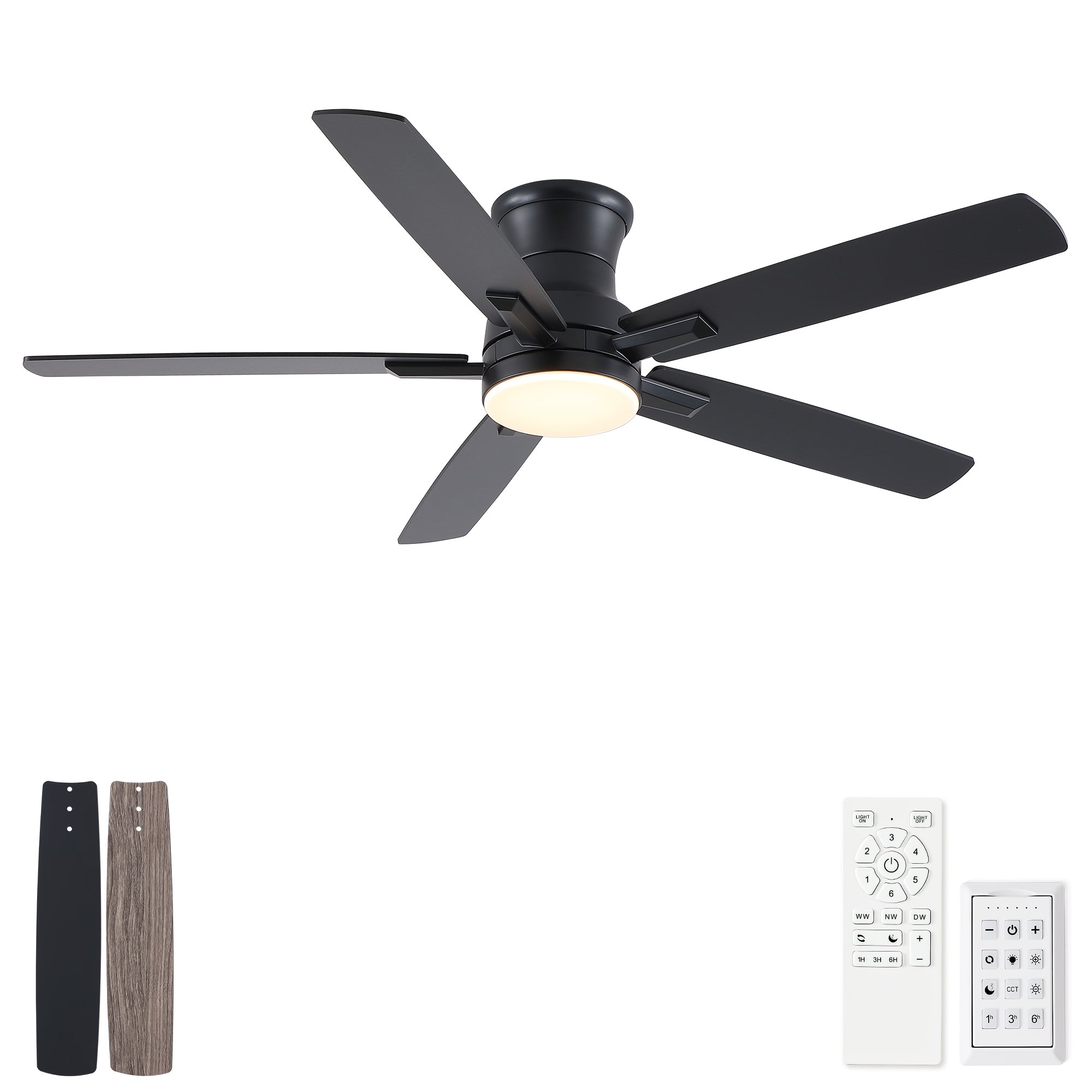 52' Modern Farmhouse Matte Black Flush Mount Low Profile Ceiling Fan with Light and Remote Control Reversible Quiet Motor