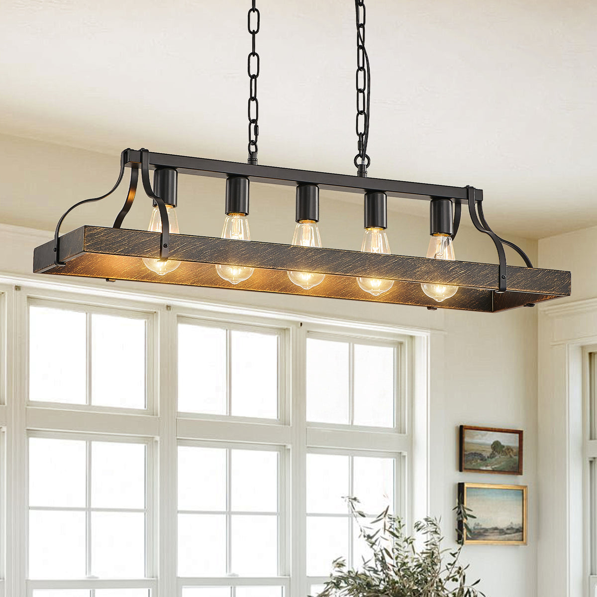 34-Inch Black Gold Vintage Pendant Light, 5 E26 Bulb Sockets, Adjustable Chain Height – Antique Style Chandelier for Dining Room, Kitchen, or Living Room (Bulb Not Included)