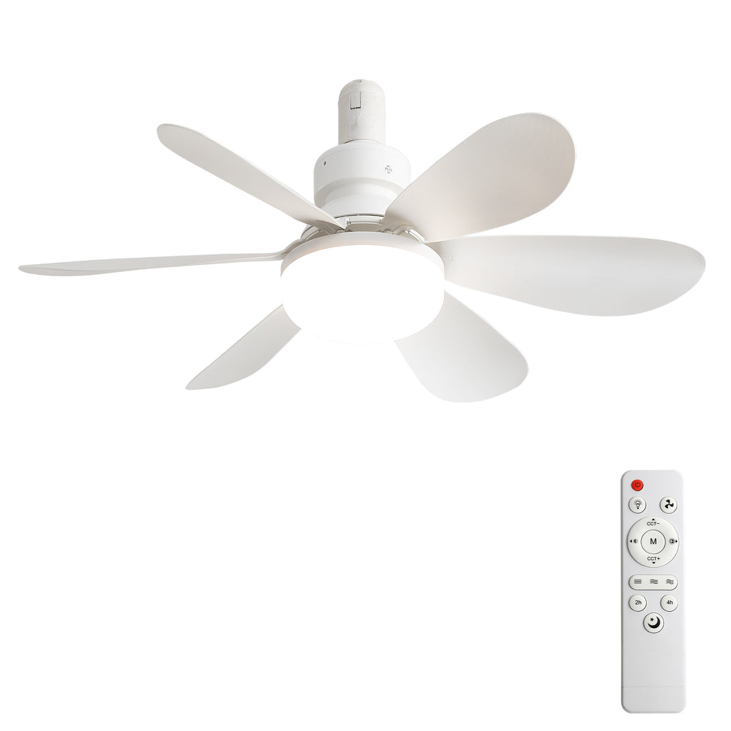 20-Inch Socket Fan Light Portable Ceiling Fan with Light and Remote, 3-Color Dimmable LED, Silent DC Motor, 2/4H Timer, Screw In Design for Small Rooms