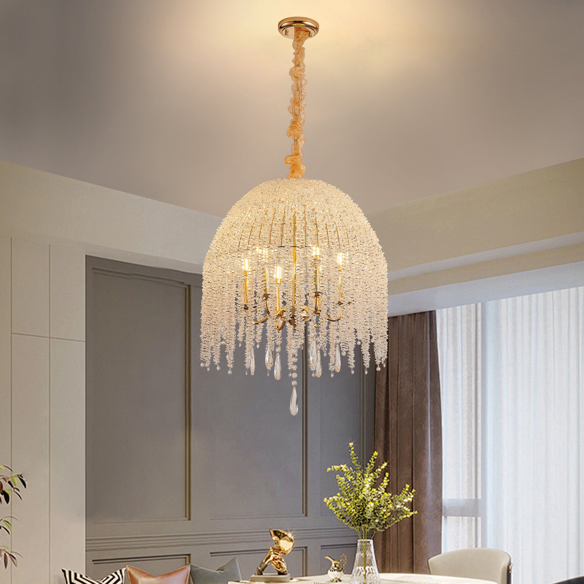 20 Inch 6-Light K9 Crystal Pendant Light Chandelier– Elegant Waterfall Design with Cascading Crystal Bead Strings and Gold Finish for Living Room, Bedroom, or Dining Area (Bulb Not Included)