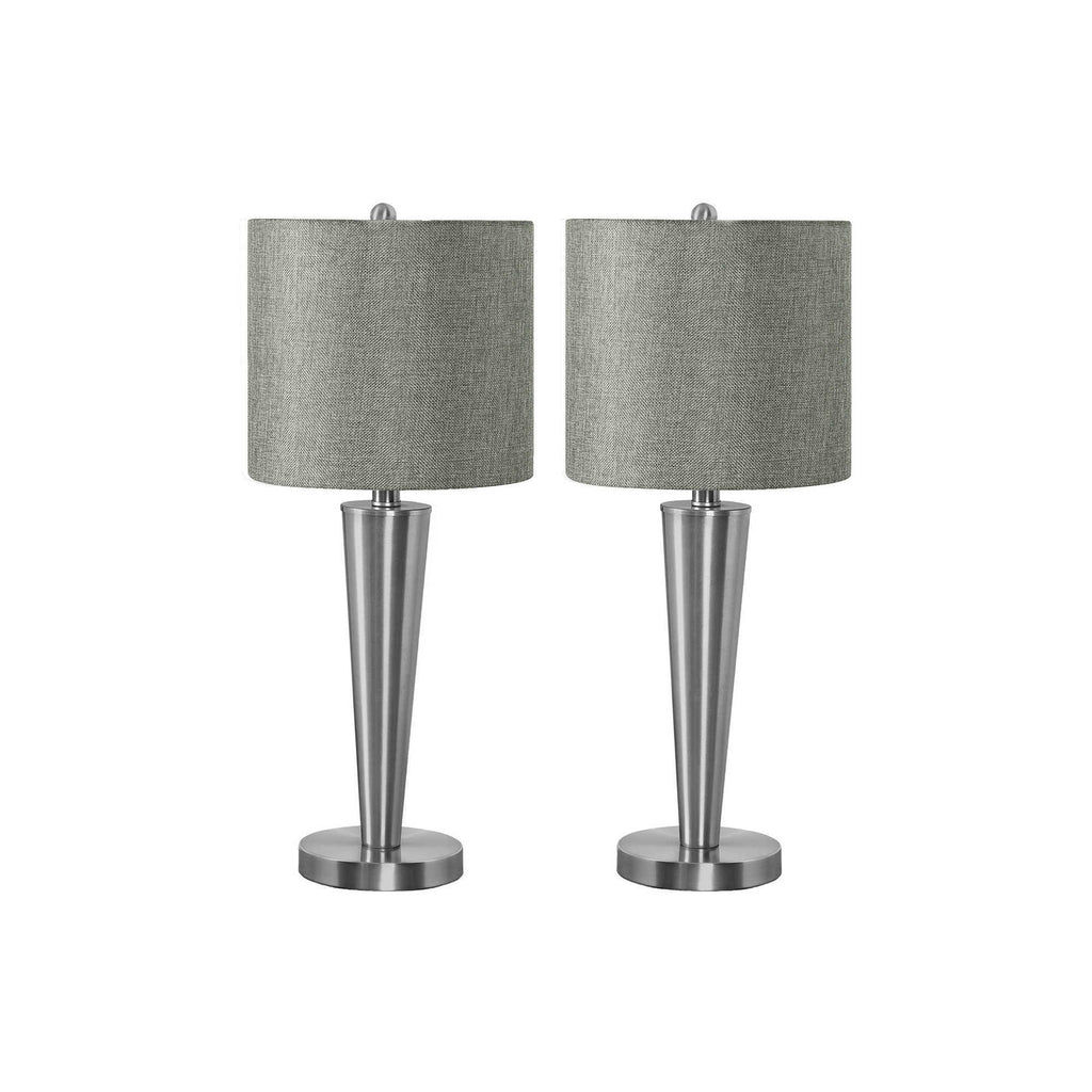 Contemporary Table Lamp Set of 2, 24'H, Nickel Metal Finish, Grey Linen Shade, USB Charging Port, Silver Accent