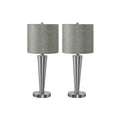 Contemporary Table Lamp Set of 2, 24'H, Nickel Metal Finish, Grey Linen Shade, USB Charging Port, Silver Accent