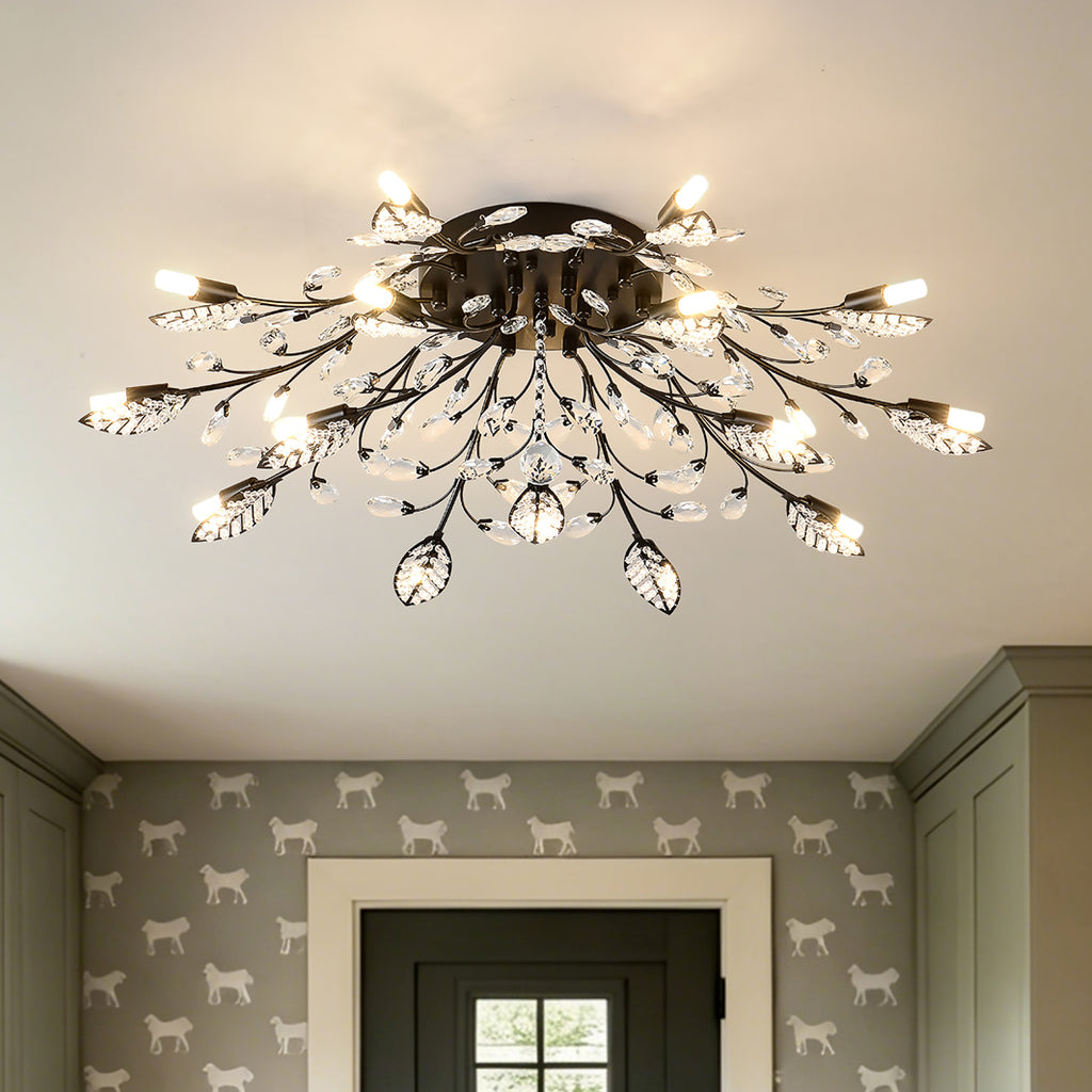 15-Light Chandelier Crystal Ceiling Lamp, 15-Lights Modern Farmhouse Ceiling Ceiling Hanging Light Fixture Over Table, for Dining Room, Kitchen Island--NO INCLUDED BULBS--Matte Black