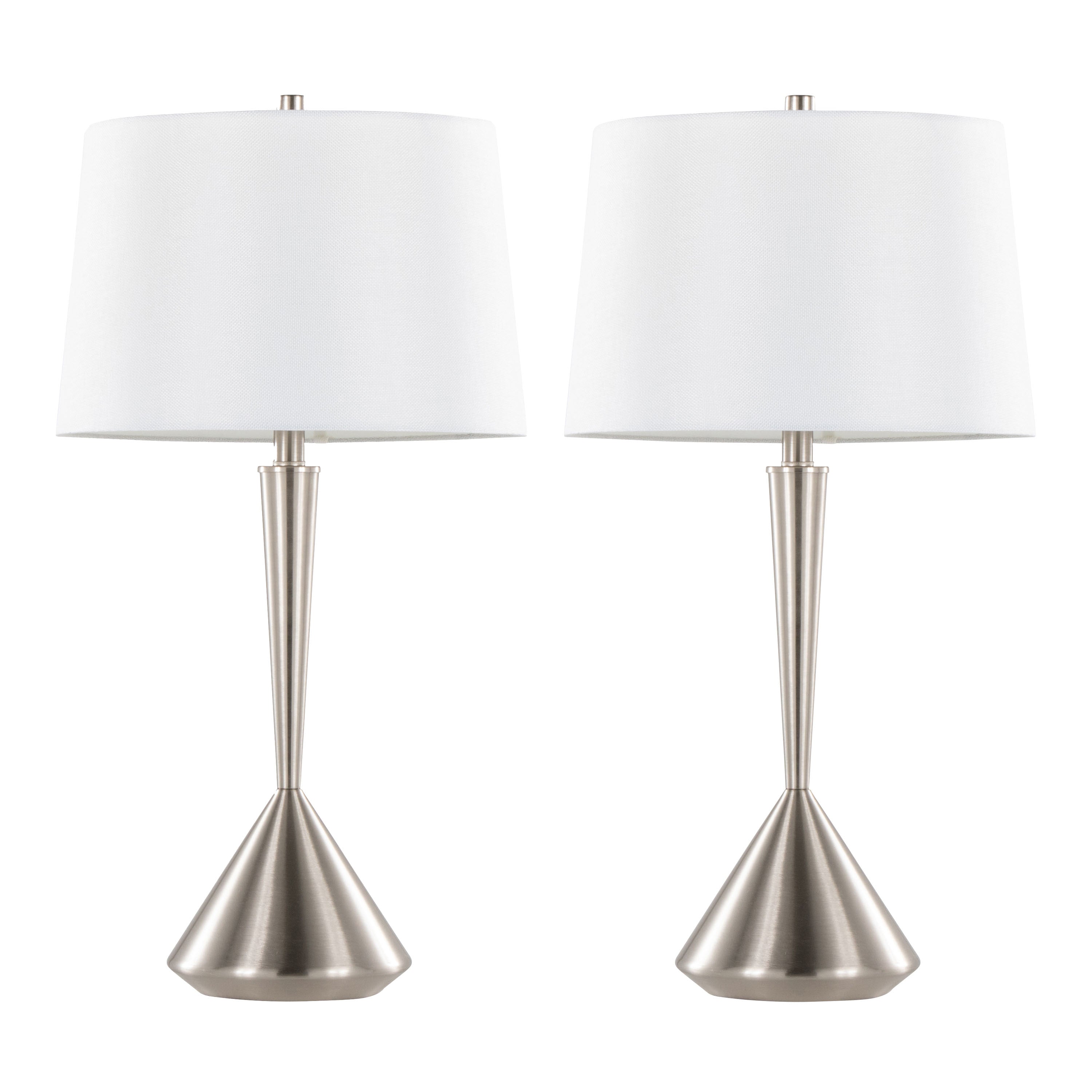 Metal Table Lamp in Brushed Nickel with White Linen Shade - Set of 2