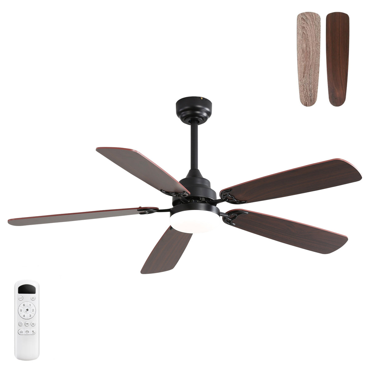 52 Inch Classics Ceiling Fan with Led Light 6 Speed Wind 5 Blades Remote Control DC Motor For Indoor