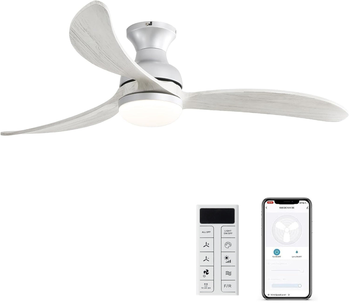 52 Inch Modern Ceiling Fan With 3 Color Dimmable Solid Wood  Blades Remote Control Reversible DC Motor For Bedroom