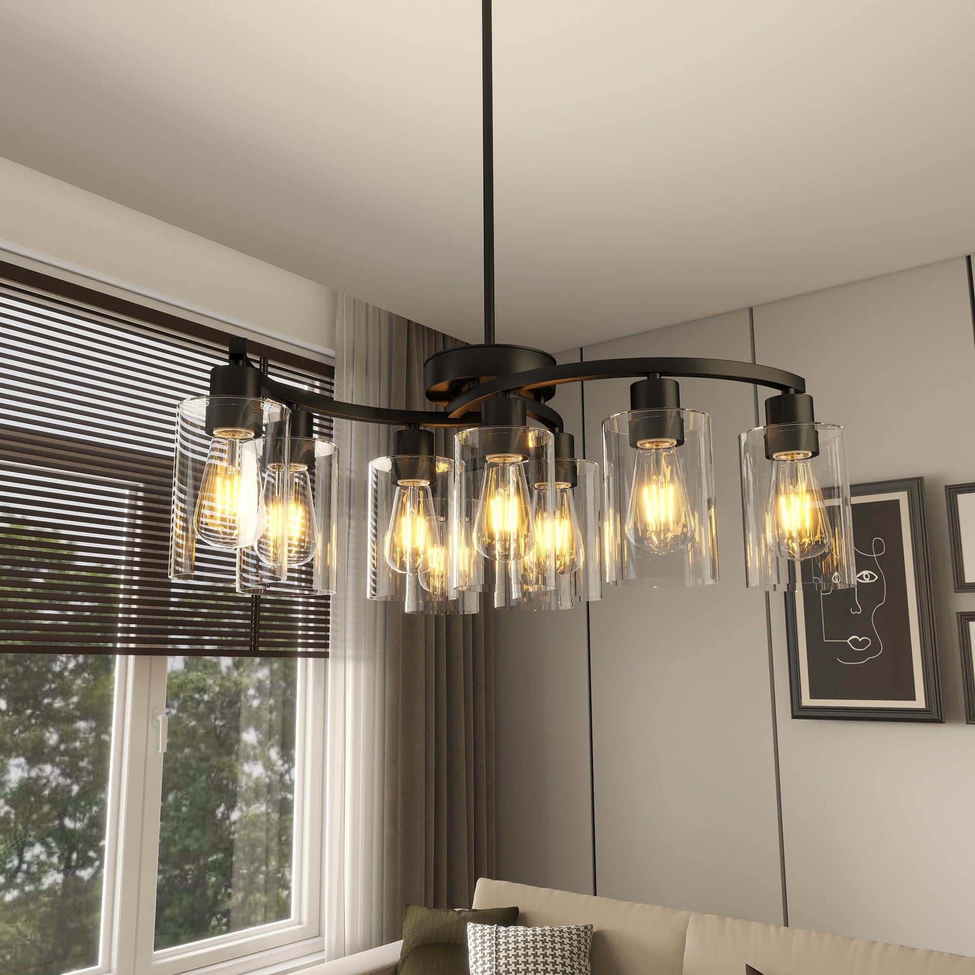 9-Light Black Modern Chandeliers for Dining Room, Adjustable Height Farmhouse Kitchen Island Lighting, Industrial Hanging Light Fixtures for Living Room Bedroom, Clear Glass Shade