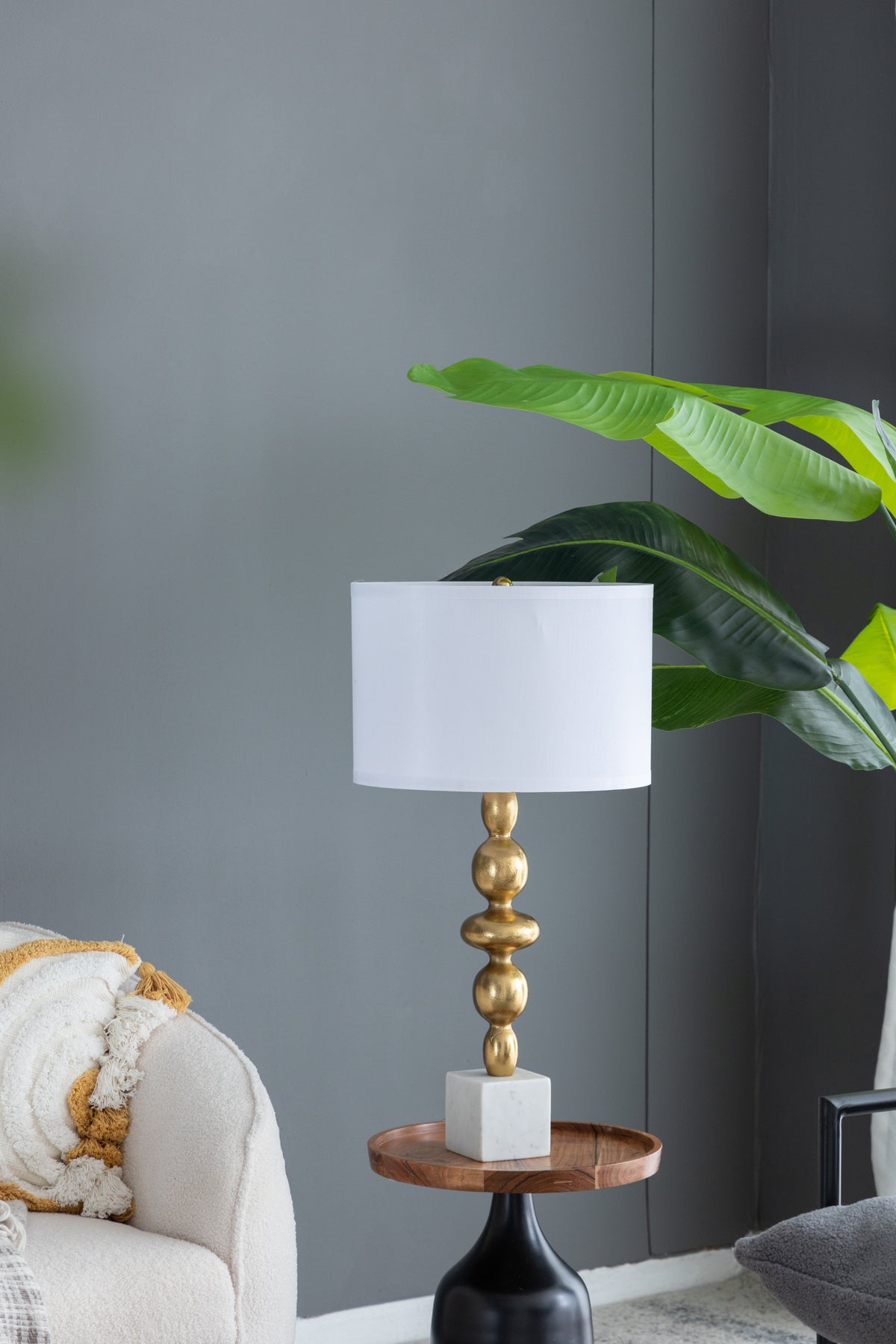 D15x29.5' Gold and White Table Lamp with Round Four Tiered Body(Lamp Shade Assembly Required)