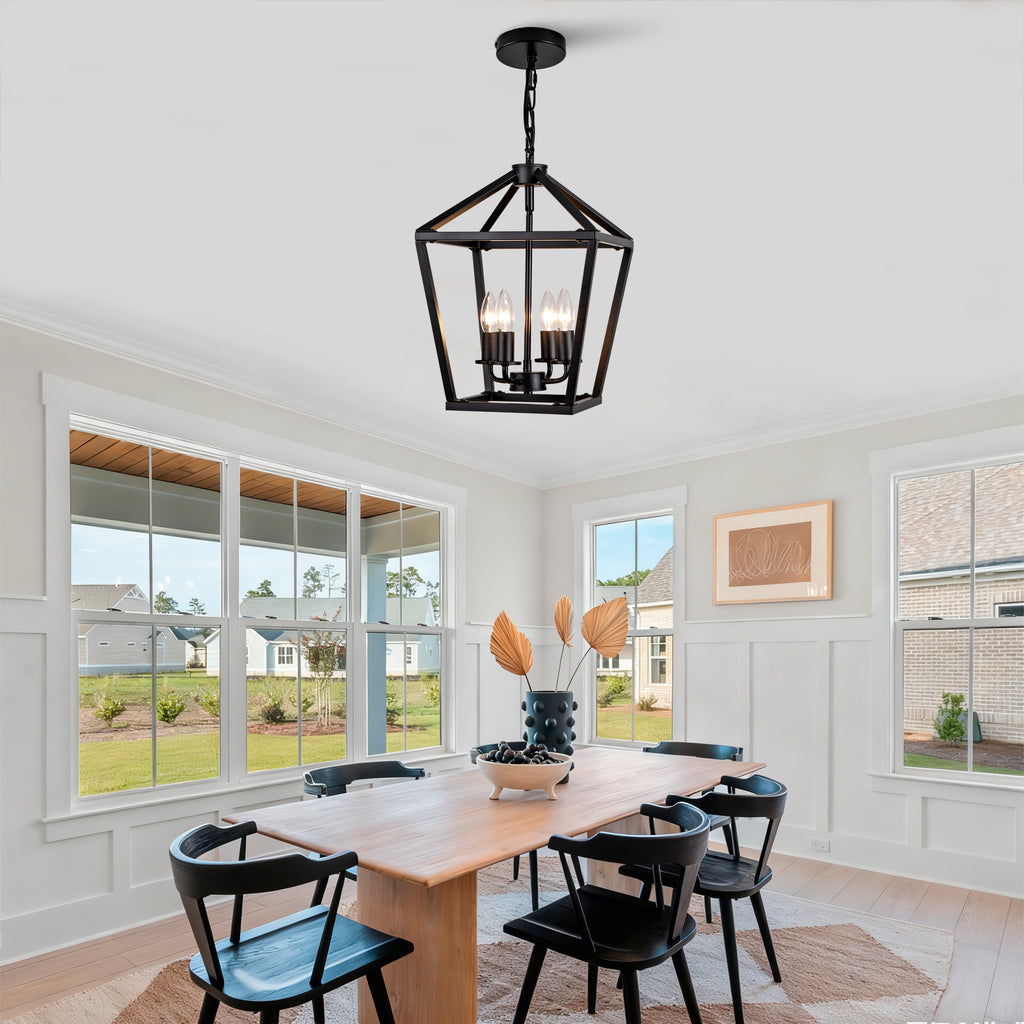 Farmhouse Lantern Chandelier 4-Light, Industrial Black Ceiling Light Fixture with Rustic Open Cage and Adjustable Hanging Height, E12 Base for Kitchen Island, Dining Room, Entryway, Foyer